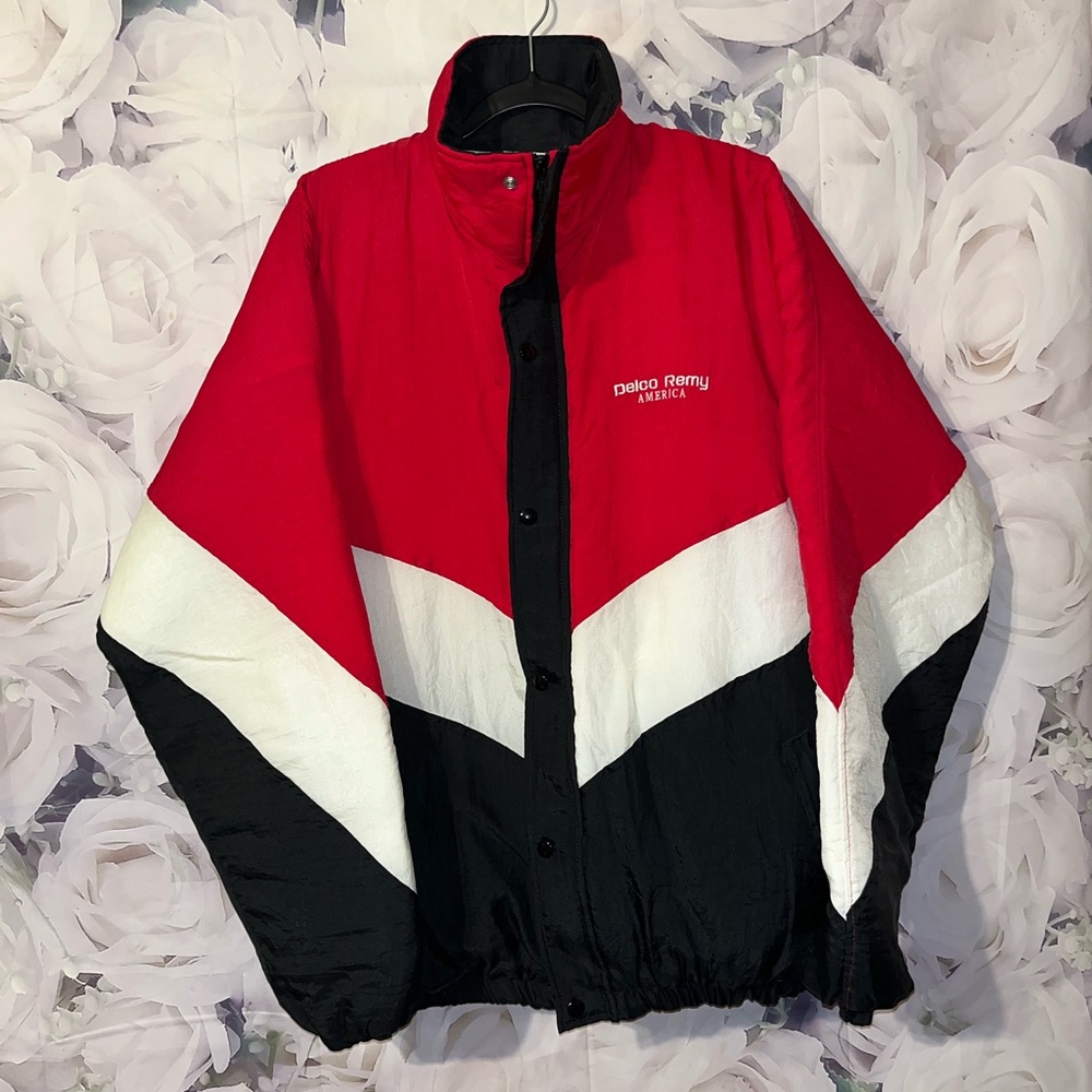 Vintage Delco Remy America Racing Jacket Color Block Quilted Lined Puffer Sz XL